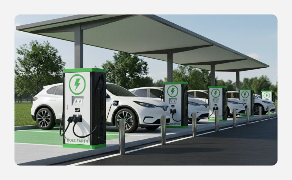 Row of electric cars charging at Bolt.Earth DC fast charging stations under a covered solar canopy, showcasing modern EV fleet charging infrastructure in an outdoor setting.