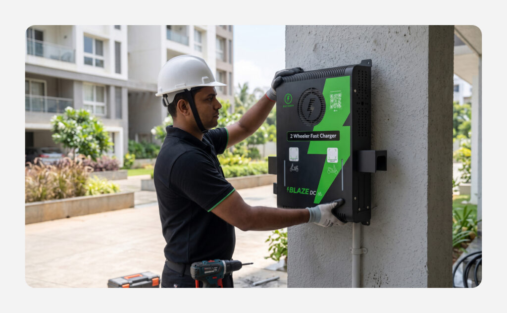 Professional installation of the Bolt.Earth Blaze DC 3kW Dual Gun EV charger at an apartment or commercial property as part of the setup and commissioning process.