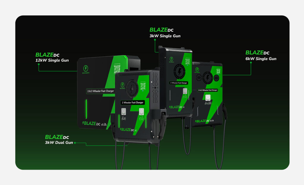 Bolt.Earth BLAZE DC Fast Chargers lineup showcasing 3kW, 6kW, and 12kW models with single and dual gun options designed for two- and three-wheeler electric vehicles.
