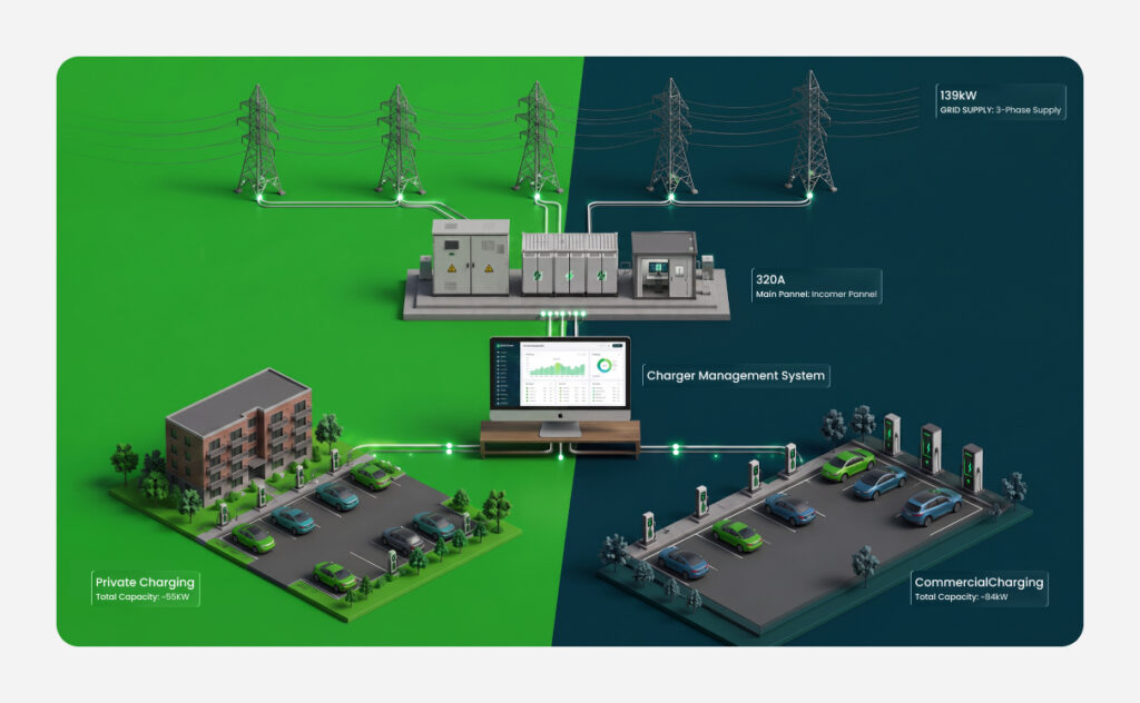Illustration showing Dynamic Load Management (DLM) in an EV charging infrastructure, where a Charger Management System intelligently distributes power between private and commercial EV charging stations to optimize grid capacity and prevent electrical overloads.