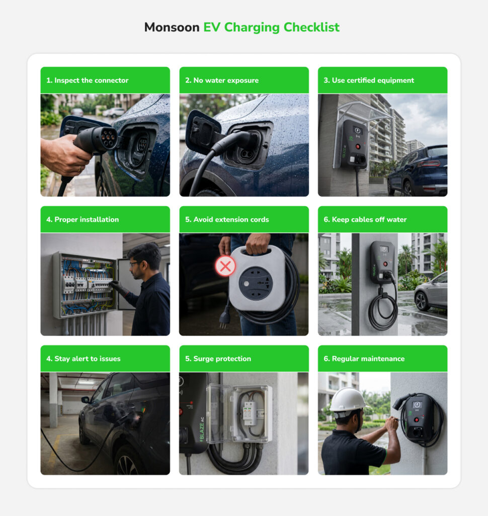 Monsoon EV charging safety checklist showing best practices such as inspecting connectors, using certified chargers, avoiding extension cords, keeping cables dry, installing surge protection, and performing regular charger maintenance.