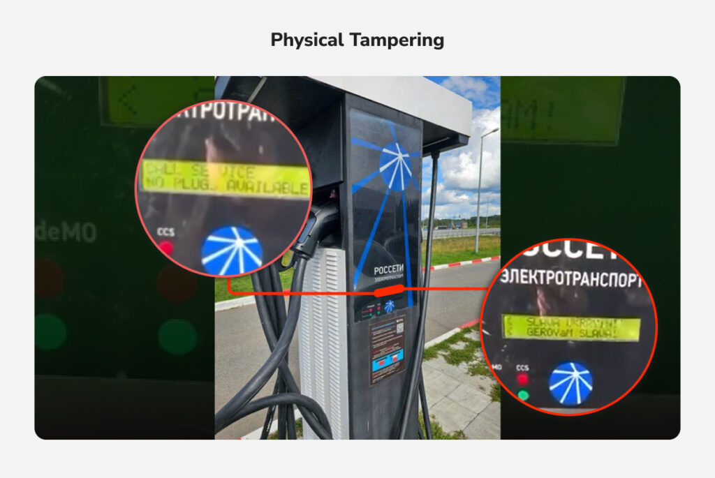 Image showing a tampered EV charging station display with hacked text, illustrating physical tampering risks in EV chargers.
