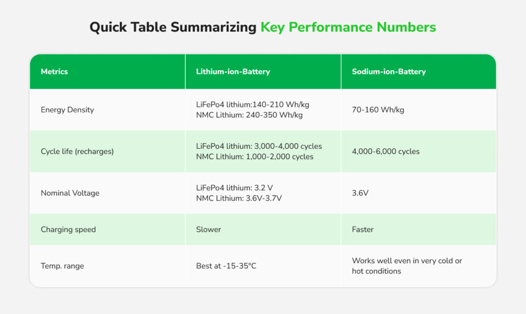 Table Summarizing Key Performance Numbers of Sodium-ion and Lithium-ion batteries
