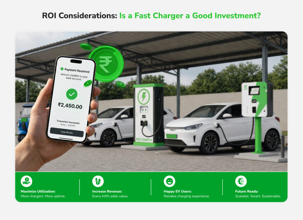 EV fast charger ROI in India showing charging revenue, investment recovery, and payback for homeowners, commercial charging stations, fleet operators, and EV businesses.