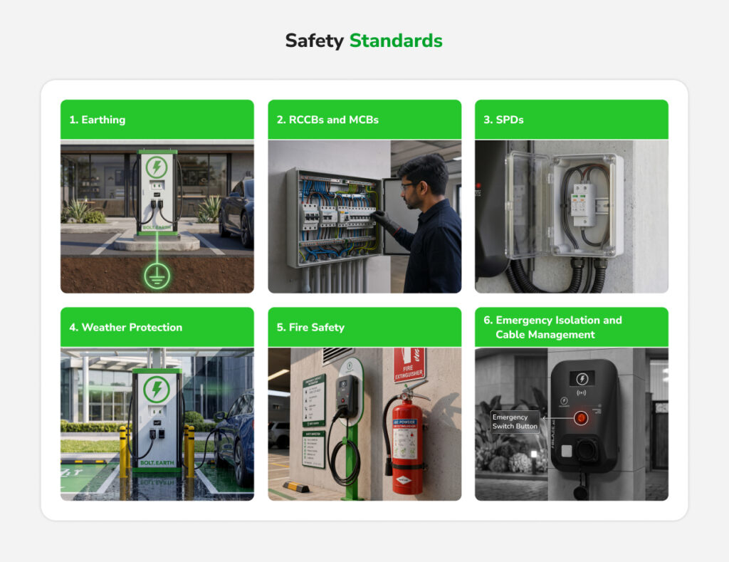 Infographic illustrating key EV charging safety standards, including earthing, RCCBs, MCBs, surge protection devices (SPDs), weather protection, fire safety, and emergency isolation for safe EV charging station installation.